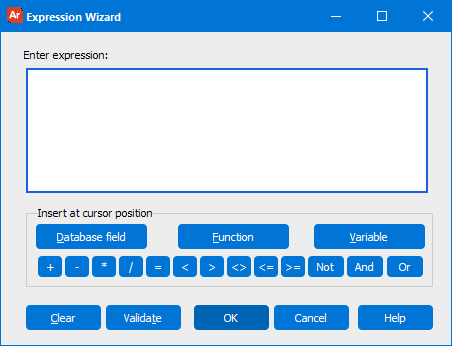 This image shows the Expression Wizard dialog.  Buttons for selecting a Database field, Function, or variable exist within this dialog.   Numerous operators such as plus, minus, and, or, greater than, among others, also exist within this dialog.